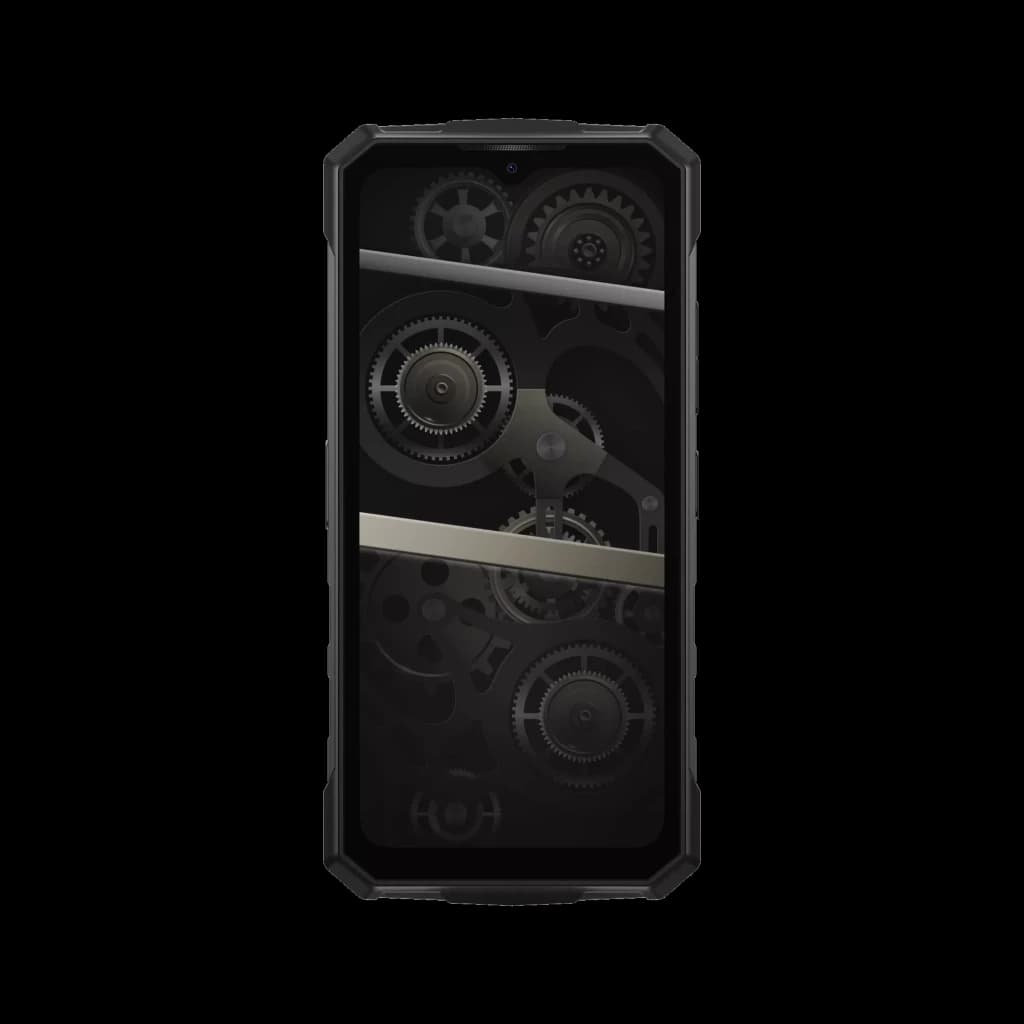 Doogee Fire 5 Ultra gris robuste avec écran borduré noir, façade affichant engrenages mécaniques stylisés, design solide et industriel, 256 Go, 8 Go RAM