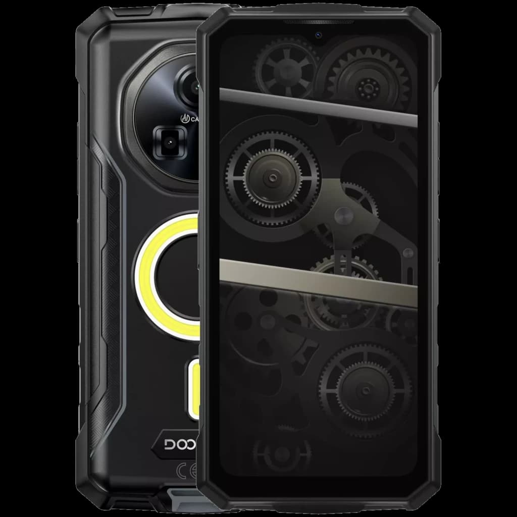 Doogee Fire 5 Ultra 256 Go gris robuste avec coque renforcée noire, accents jaunes, double module photo arrière, écran plein avec motif engrenages