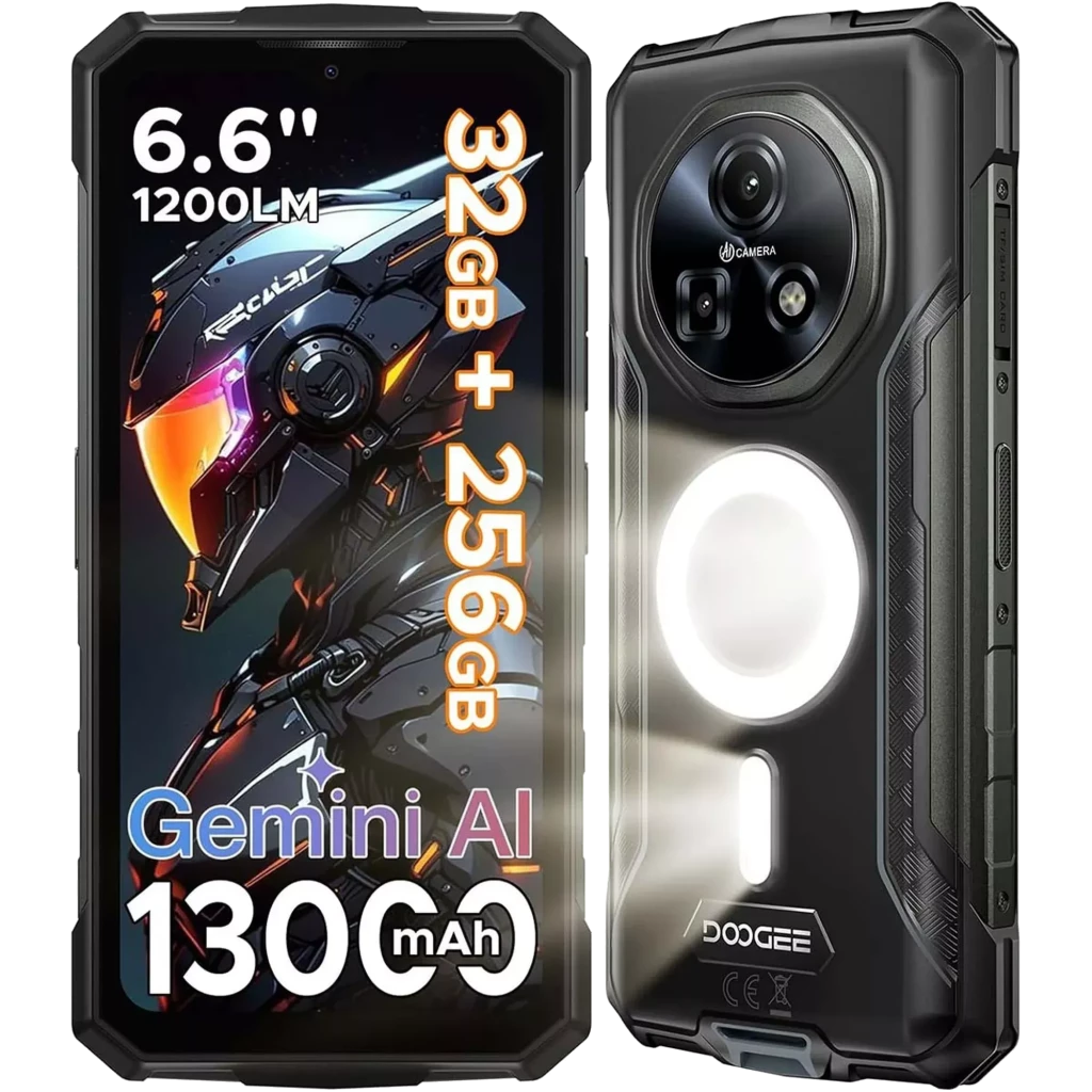 Doogee Fire 5 Ultra 256 GB cinza com design robusto, cantos reforçados, módulo de câmera traseira destacado e tela frontal com padrão de engrenagens - Item5