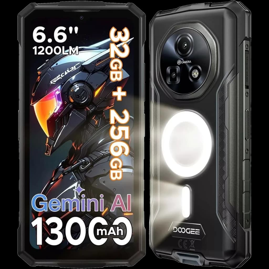 Doogee Fire 5 Ultra gris robuste avec dos noir, module photo circulaire triple, grand anneau jaune central, bords renforcés et design antichoc