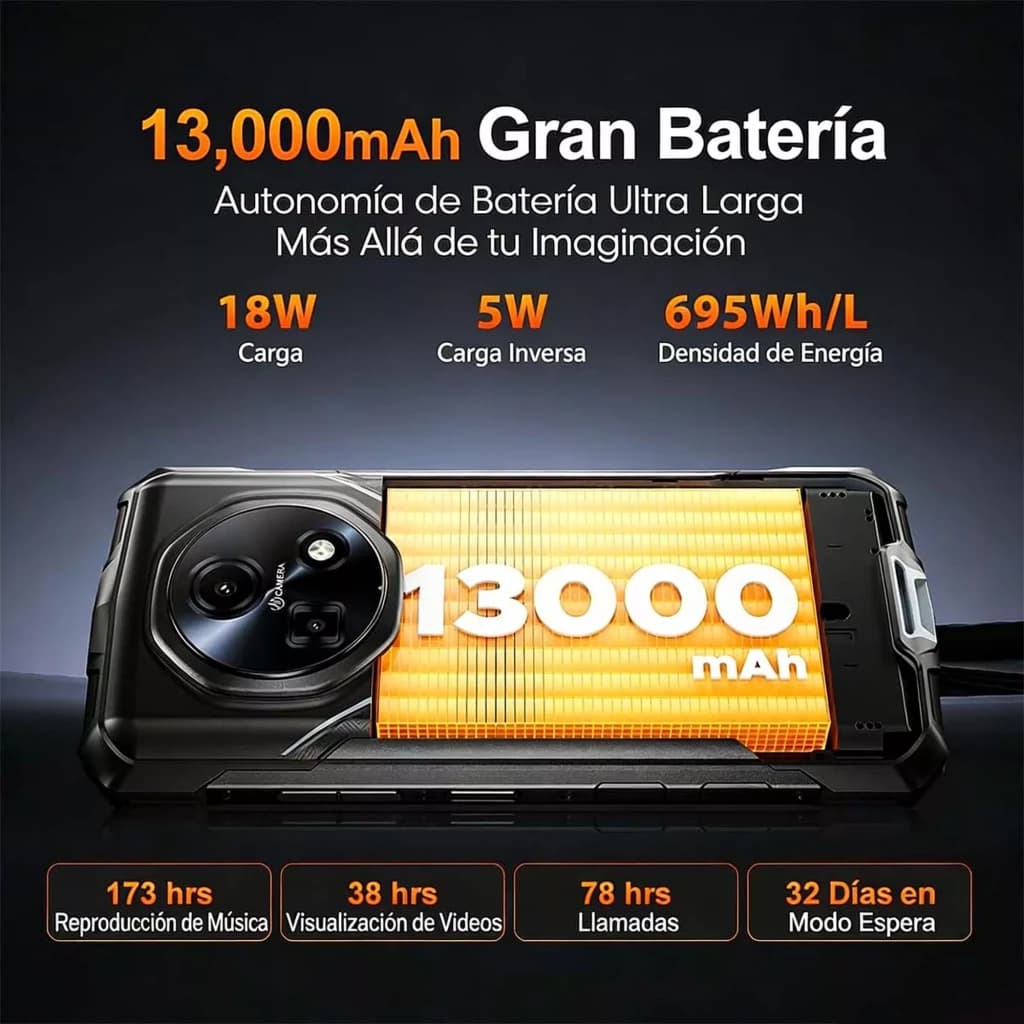 Smartphone Doogee Fire 5 Ultra orange, dos robuste avec module photo circulaire proéminent, écran 6,56 pouces affichant 13000 mAh et bords renforcés