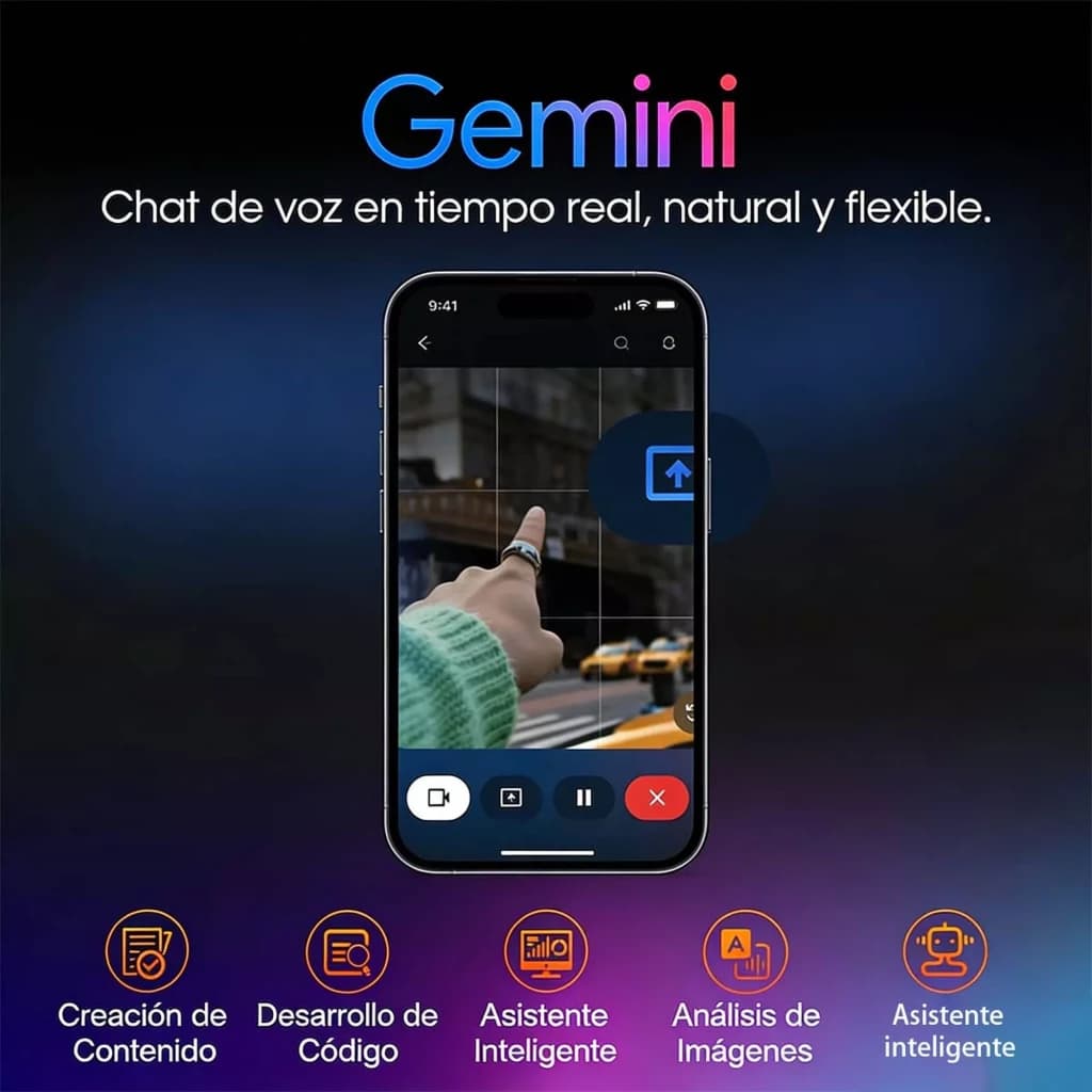 Écran de smartphone affichant une app de chat IA en temps réel, interface sombre, icônes colorées en bas, main pointant un taxi jaune en arrière-plan flou
