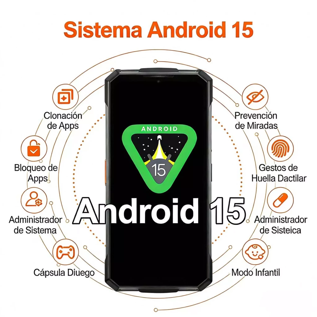 Doogee Fire 5 Ultra laranja robusto com moldura preta, ecrã de 6,56 polegadas, detalhes em laranja e módulo de câmara traseira destacado com aro circular - Item11