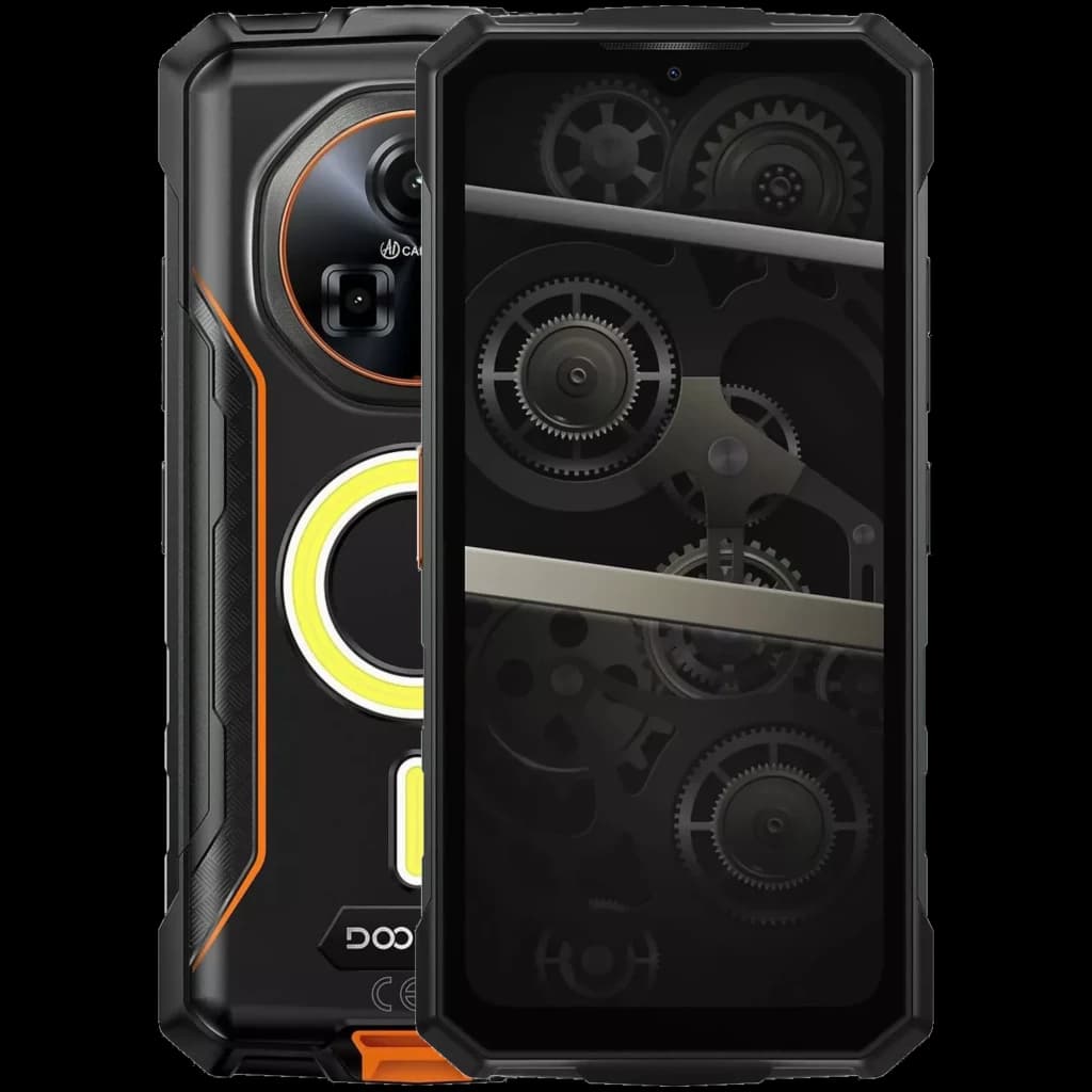 Doogee Fire 5 Ultra 256 Go Orange robuste, coque noire et accents orange, double module photo arrière, écran 6,56 pouces sombre avec motif mécanique