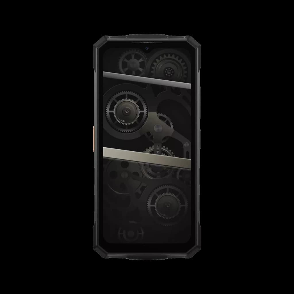 Smartphone robuste noir et orange avec écran 6,56 pouces, bords renforcés et façade affichant engrenages métalliques stylisés, design industriel élégant