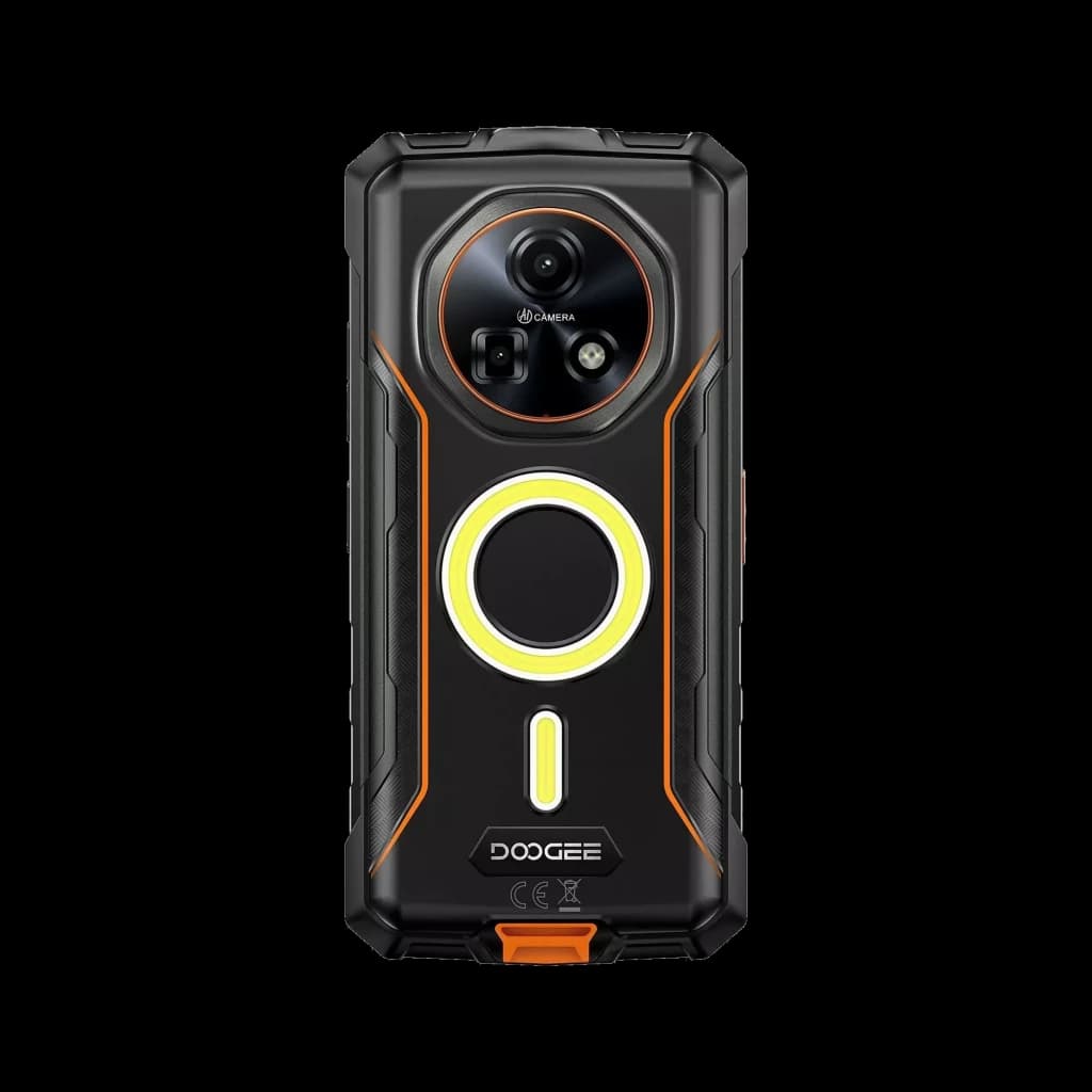 Dos du Doogee Fire 5 Ultra orange et noir, coque robuste, grand module photo circulaire avec flash annulaire, accents orange et prise inférieure protégée