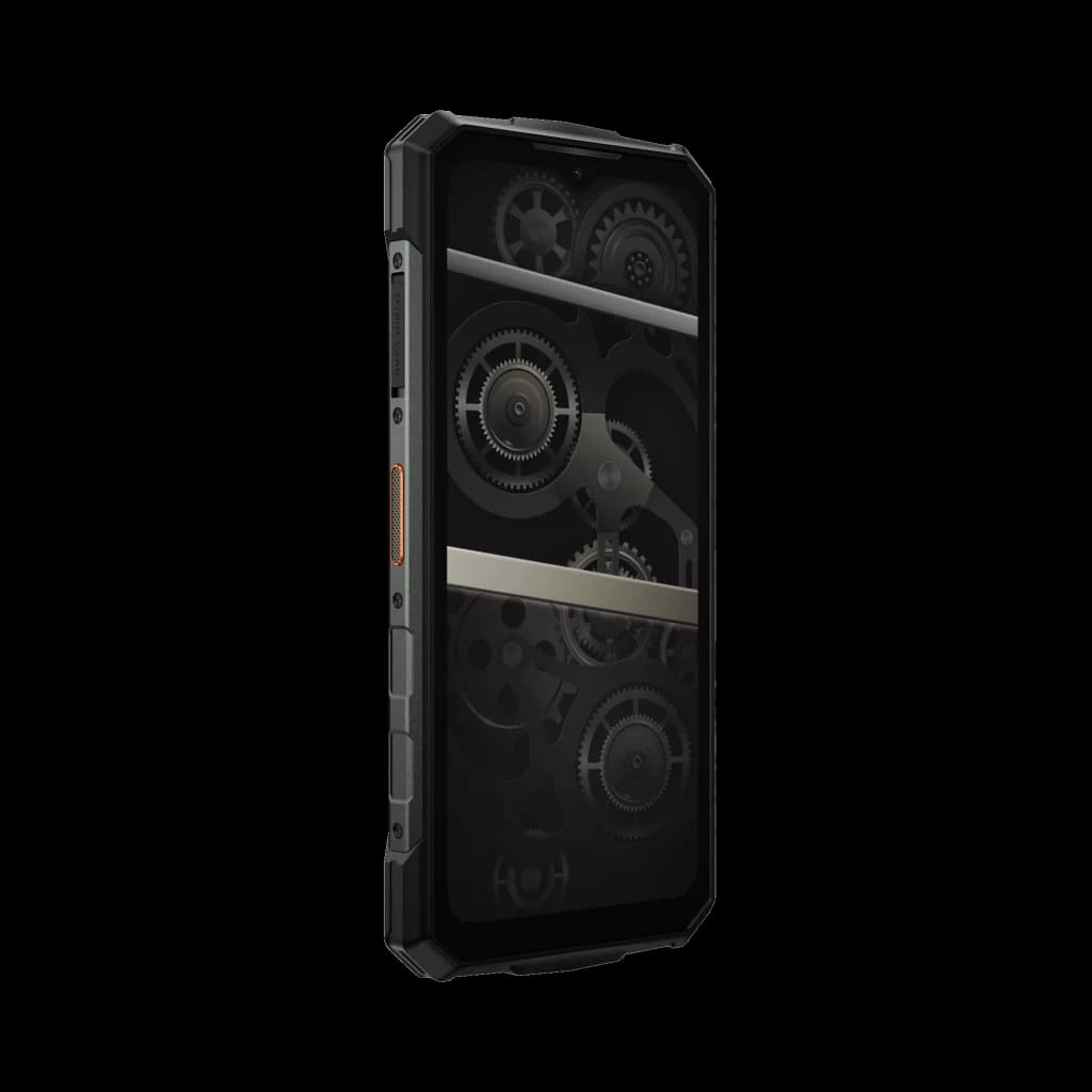 Doogee Fire 5 Ultra 256 Go orange robuste avec tranches renforcées, bouton latéral orange, façade noire affichant un motif mécanique de rouages