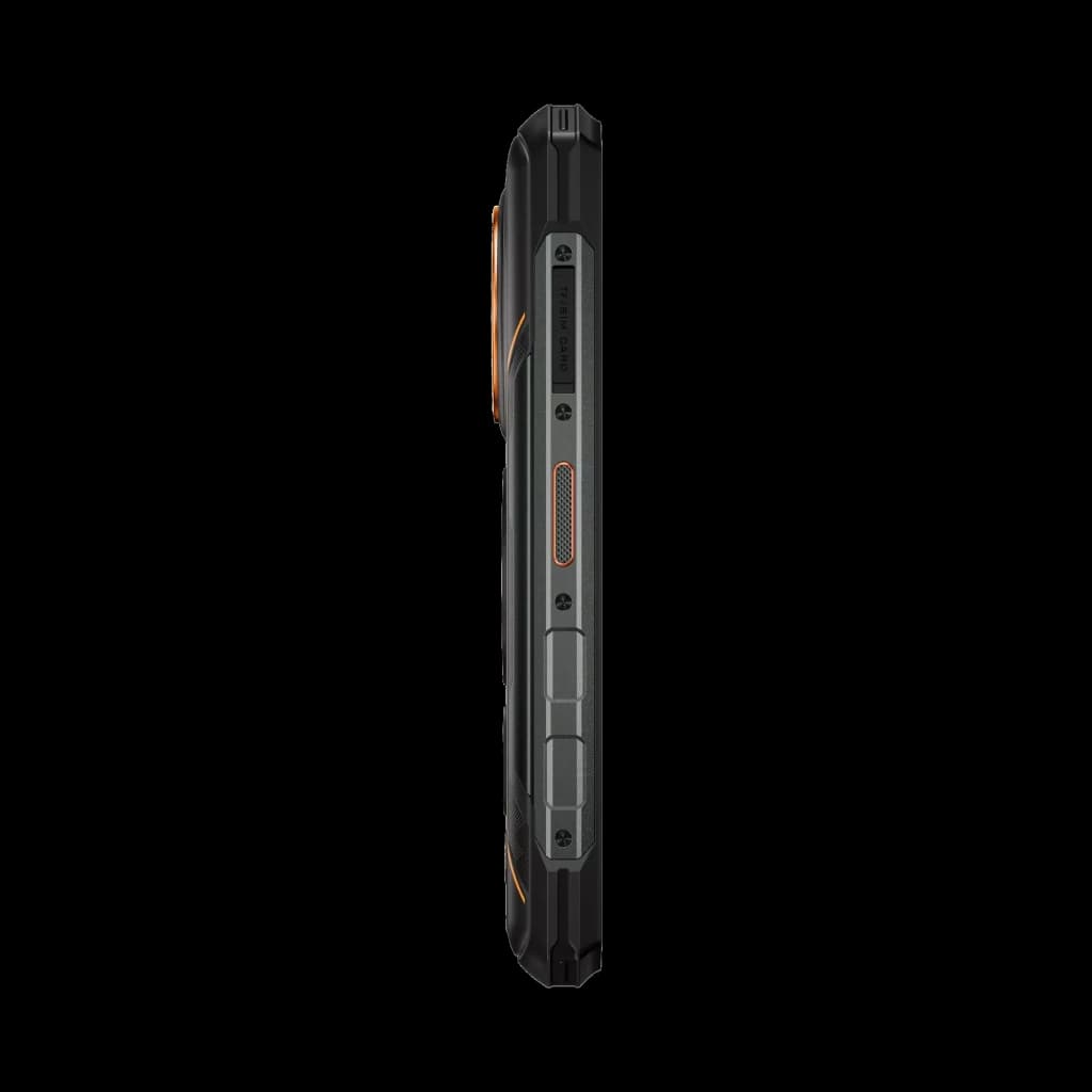 Profil latéral du Doogee Fire 5 Ultra orange, châssis robuste noir, accents orange, boutons latéraux texturés et module caméra saillant