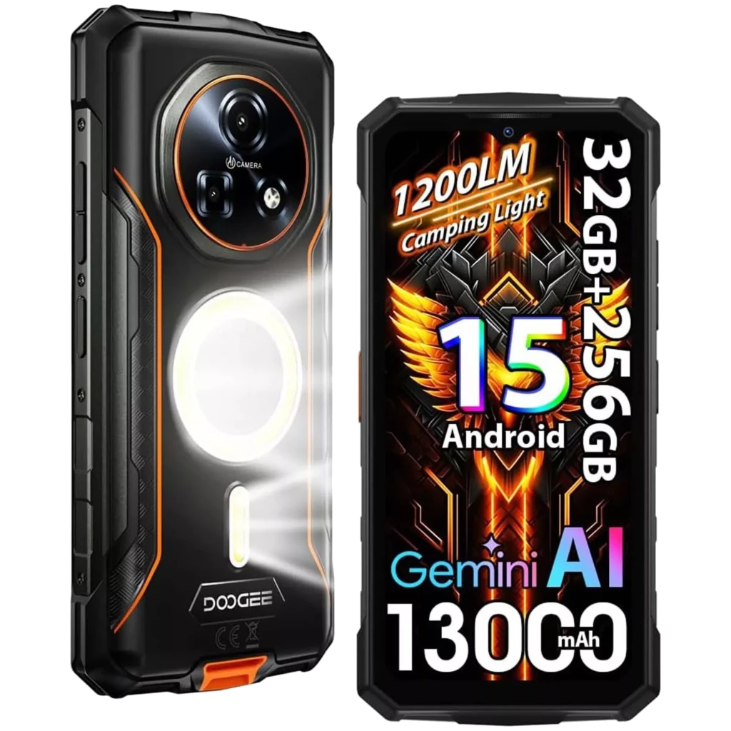 Doogee Fire 5 Ultra laranja robusto com moldura preta, ecrã de 6,56 polegadas, detalhes em laranja e módulo de câmara traseira destacado com aro circular - Item5