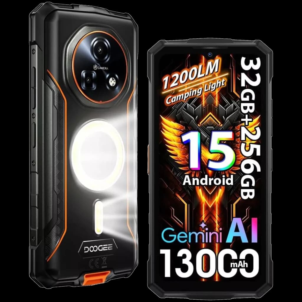 Doogee Fire 5 Ultra orange robuste, écran 6,56 pouces, module caméra circulaire triple, flash annulaire puissant, accents noirs et orange, bords renforcés