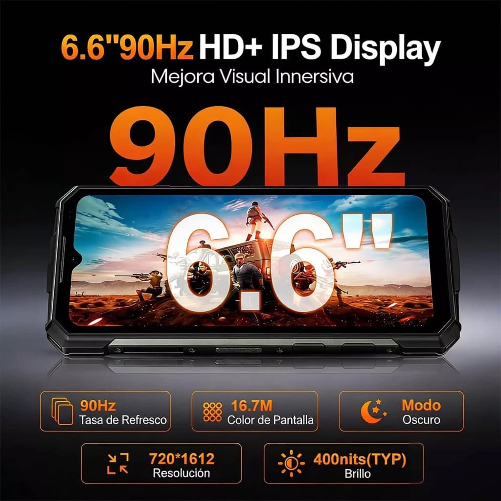 Doogee Fire 5 Ultra orange, écran IPS 6,56 pouces 90 Hz, couleurs vives, mode sombre, 720x1612, 400 nits, bords robustes et haut-parleur visible