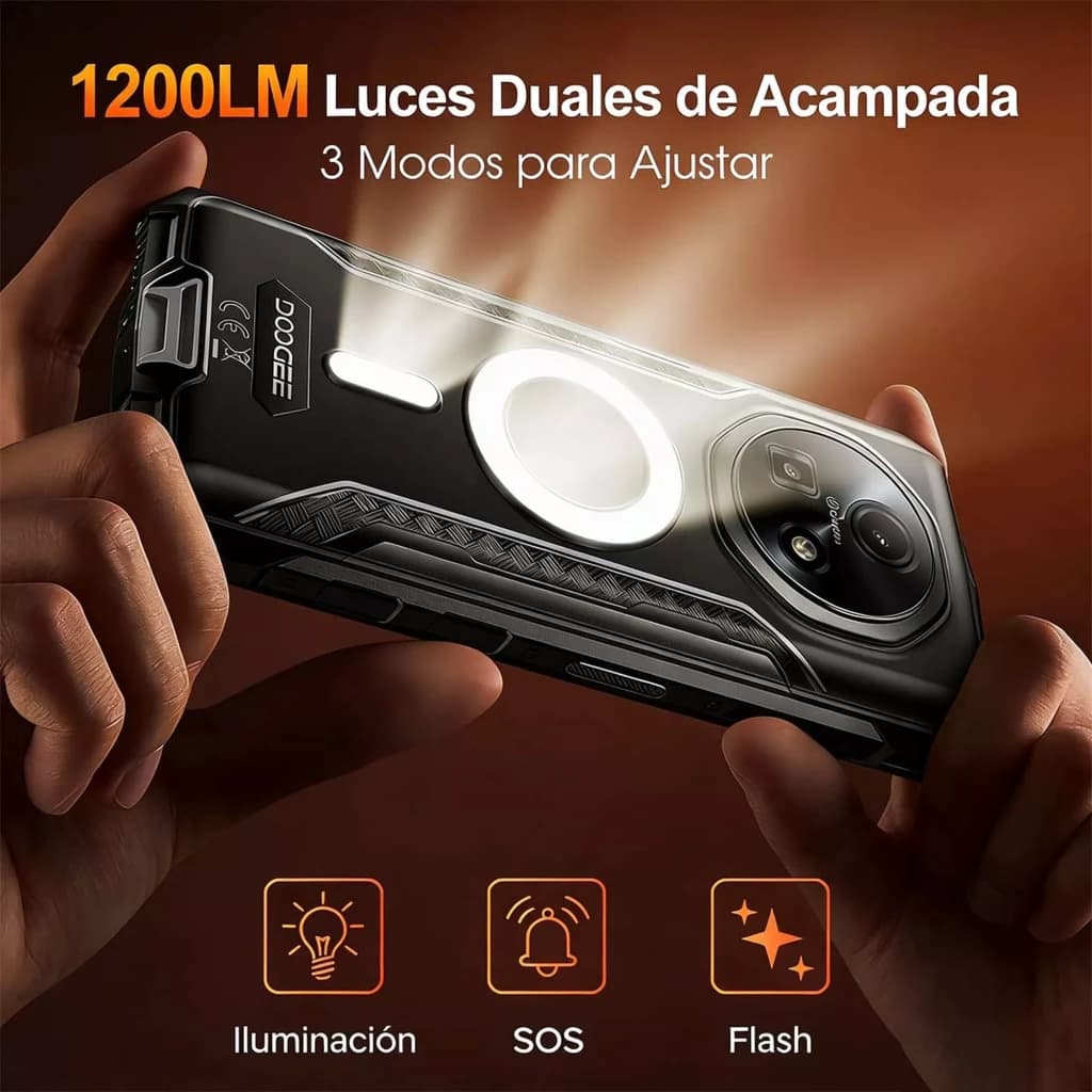 Smartphone Doogee Fire 5 Ultra orange avec anneau lumineux dorsal 1200 lm, triple caméra, coques robustes texturées et boutons latéraux visibles