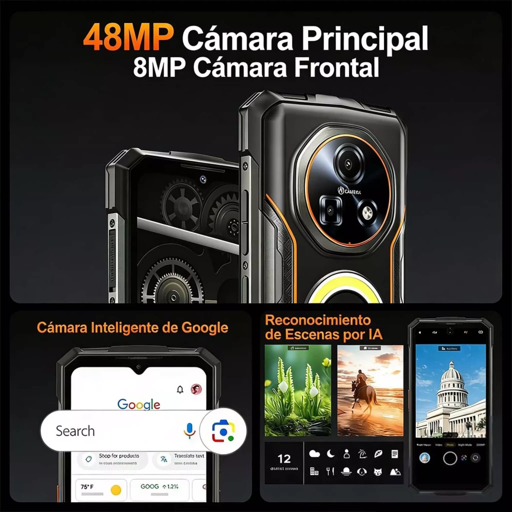 Doogee Fire 5 Ultra laranja robusto com moldura preta, ecrã de 6,56 polegadas, detalhes em laranja e módulo de câmara traseira destacado com aro circular - Item8