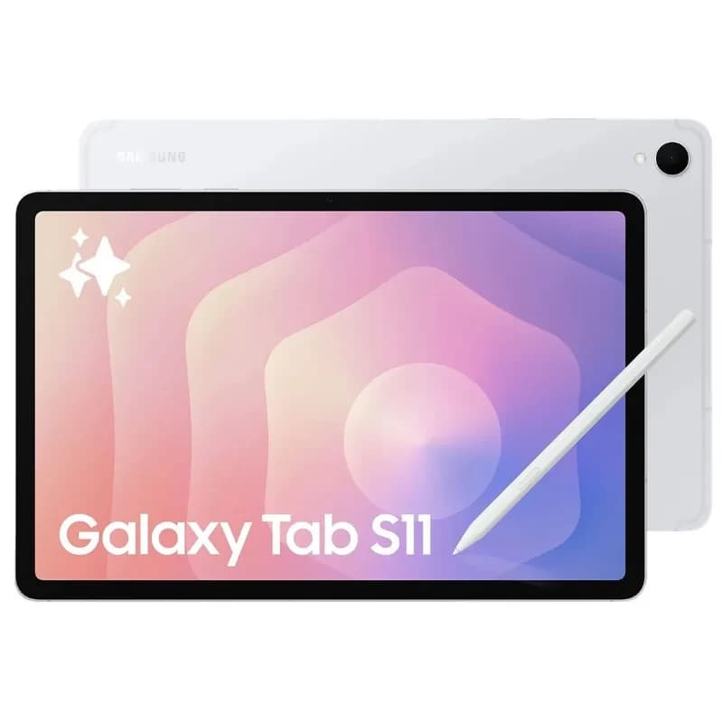 Samsung Galaxy Tab S11 prateado com tela 11 polegadas, bordas finas, câmera traseira única, caneta stylus branca e acabamento metálico elegante