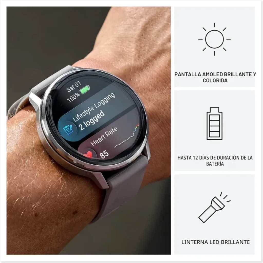Garmin Venu 4 45 mm negro con pantalla circular AMOLED, bisel metálico y correa de silicona negra; autonomía hasta 12 días y métricas de salud visibles