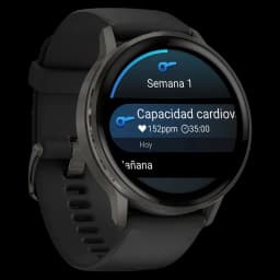 Garmin Venu 4 45 mm negro con pantalla redonda, bisel metálico y correa de silicona negra. Micrófono, altavoz, notificaciones y pagos sin contacto