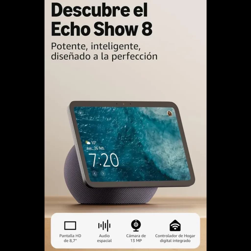 Pantalla HD de 8,7 pulgadas con biseles finos, cámara de 13 MP centrada, altavoz con audio espacial y controlador de hogar digital integrado