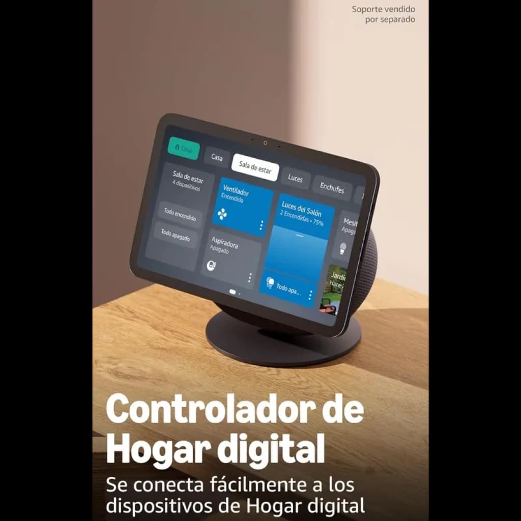 Amazon Echo Show 8 2025 con pantalla 8,7 pulgadas, marco delgado y base redonda; interfaz de hogar digital con widgets, cámara frontal y altavoz integrado