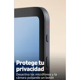 Detalle lateral del Amazon Echo Show 8 2025 con pantalla de 8,7 pulgadas, botón físico para micrófonos y cámara, e indicador LED rojo de privacidad