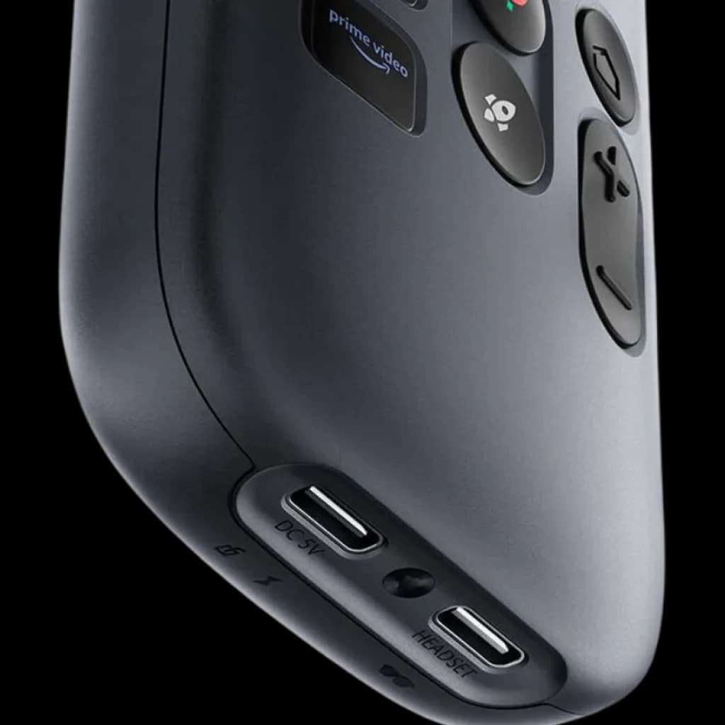RayNeo Pocket TV - Télécommande avec ports USB‑C DC 5V et casque, coque gris foncé, boutons dédiés Prime Video et navigation, prise en main ergonomique