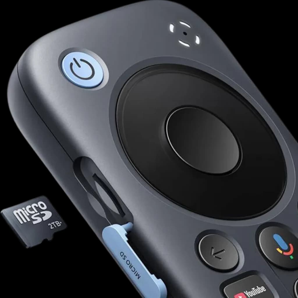 Télécommande RayNeo Pocket TV compacte, bouton d’alimentation bleu, pavé circulaire, touches YouTube et retour, lecteur microSD 2 To avec cache latéral