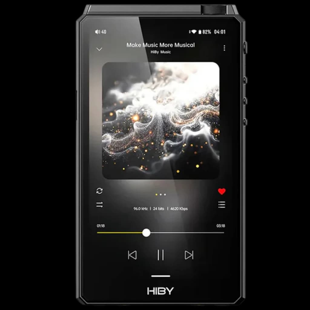 Hiby R6 III 2025 Noir, lecteur audio hi‑res Android 12, écran tactile noir brillant, bords anguleux, affichage de piste avec commandes et jaquette musicale