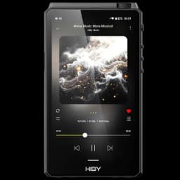 Hiby R6 III 2025 Noir, lecteur audio hi‑res Android 12, écran tactile noir brillant, bords anguleux, affichage de piste avec commandes et jaquette musicale