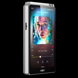 Hiby R6 III 2025 Argent avec écran tactile bord à bord, châssis argent anguleux, interface Android 12 affichée et commandes multimédia visibles