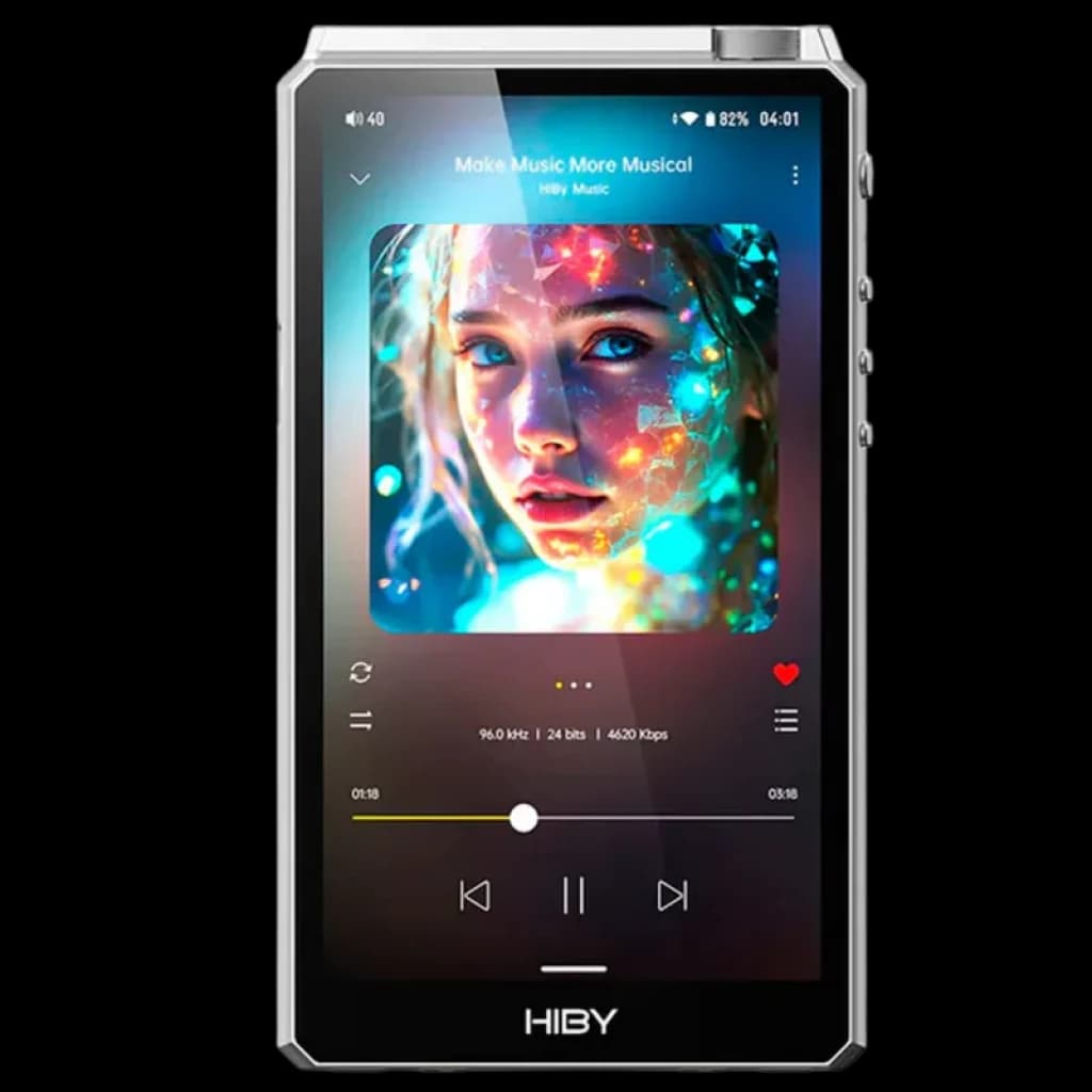 Hiby R6 III 2025 Argent, lecteur audio hi‑res sous Android 12, grand écran tactile, boutons latéraux texturés, châssis argenté aux arêtes biseautées