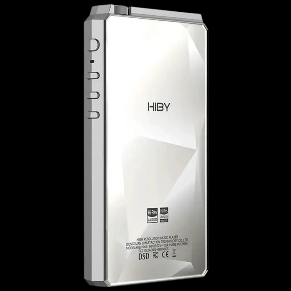 Hiby R6 III 2025 Argent, boîtier argenté anguleux avec bords chanfreinés, logos Hi-Res au dos, boutons latéraux proéminents, finition métallisée