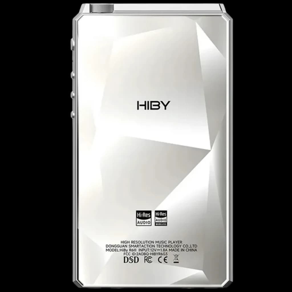 Hiby R6 III 2025 Argent au dos géométrique argenté, logo HIBY centré, badges Hi-Res Audio, bords chanfreinés et bouton latéral visible