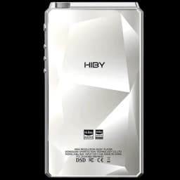 Hiby R6 III 2025 Argent au dos géométrique argenté, logo HIBY centré, badges Hi-Res Audio, bords chanfreinés et bouton latéral visible