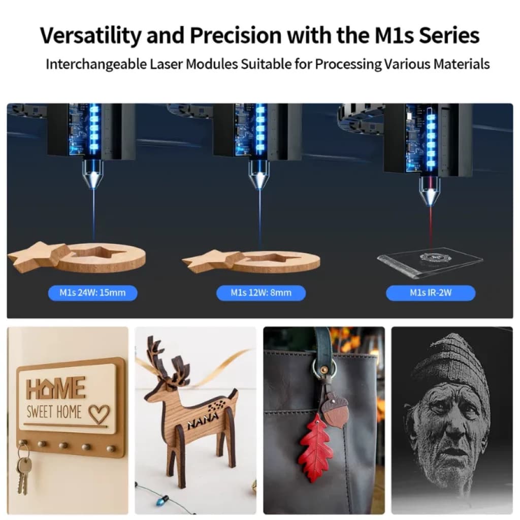 Laservii M1s 12W - Graveur laser fermé avec module 12W, tête interchangeable, découpe précise dans le bois et gravure fine dans le cuir, l'acrylique et le métal