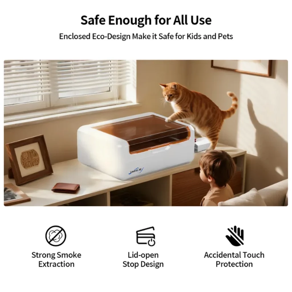 Laservii M1s 12W - Graveur laser fermé blanc avec couvercle protecteur ambré, châssis compact et module externe d'arrêt d'urgence rouge - Ítem8