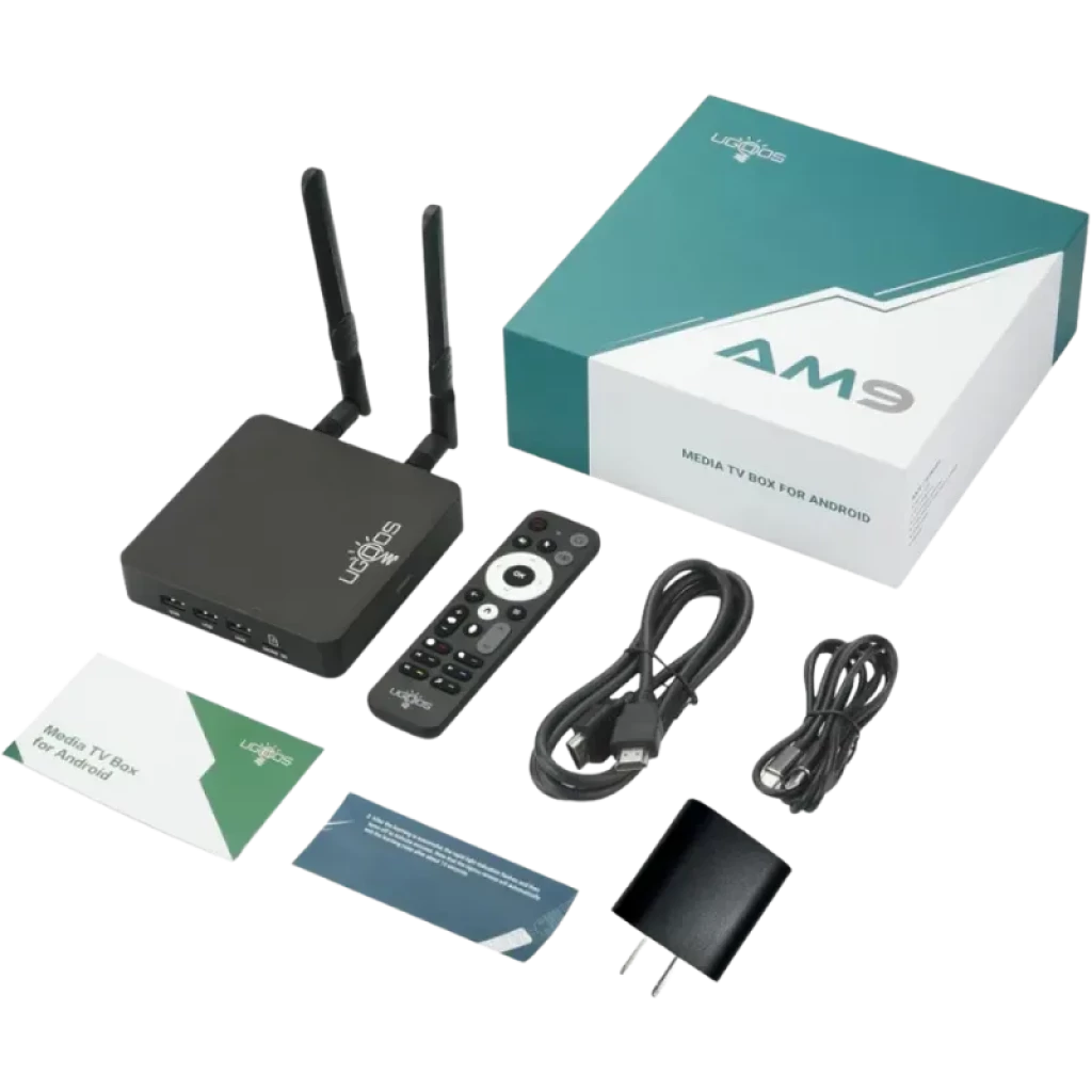 Ugoos AM9 Pro S905X5-J: TV box negro con dos antenas WiFi, múltiples puertos USB 3.0, HDMI, LAN y control remoto completo para Android TV 14 - Ítem5