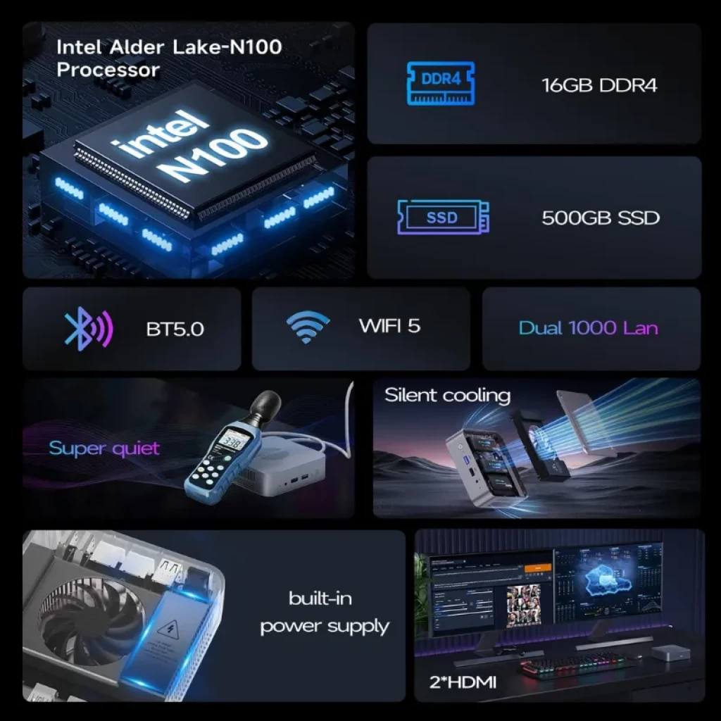 Oumax MAX N100 cinza metálico com grelhas laterais, portas USB e áudio frontais e painel traseiro com HDMI, LAN dupla, USB adicionais e alimentação - Item1