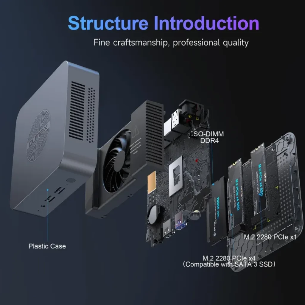 Oumax MAX N100 cinza metálico com grelhas laterais, portas USB e áudio frontais e painel traseiro com HDMI, LAN dupla, USB adicionais e alimentação - Item3