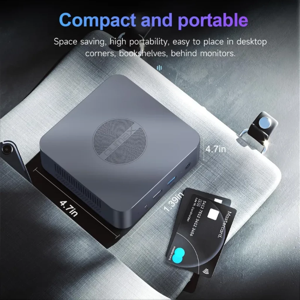 Oumax MAX N100 cinza metálico com grelhas laterais, portas USB e áudio frontais e painel traseiro com HDMI, LAN dupla, USB adicionais e alimentação - Item5