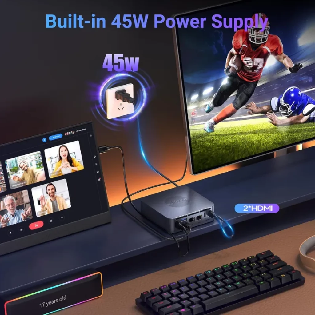 Oumax MAX N100 cinza metálico com grelhas laterais, portas USB e áudio frontais e painel traseiro com HDMI, LAN dupla, USB adicionais e alimentação - Item6