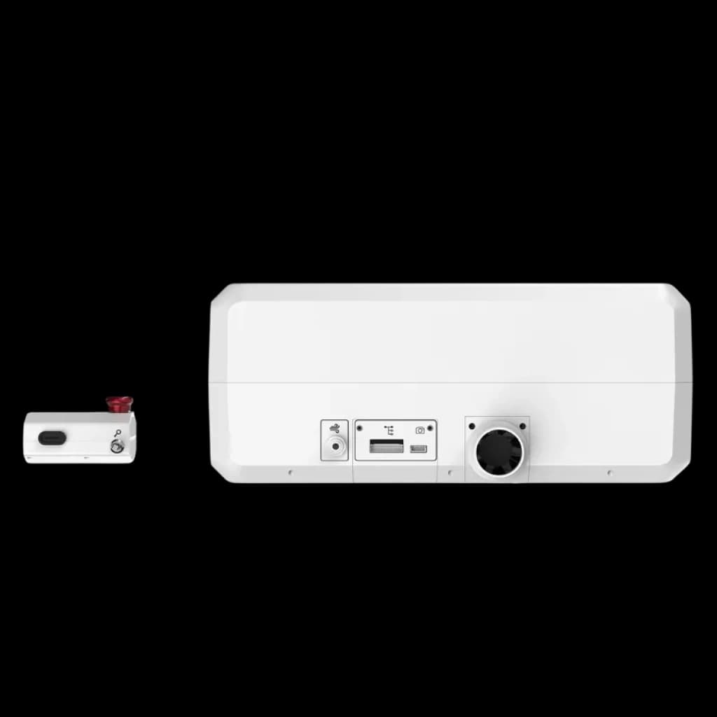 Laservii M1s 24W - Graveur laser fermé avec module laser rouge et unité principale blanche ; panneau arrière avec ventilation, ports USB et boutons de commande