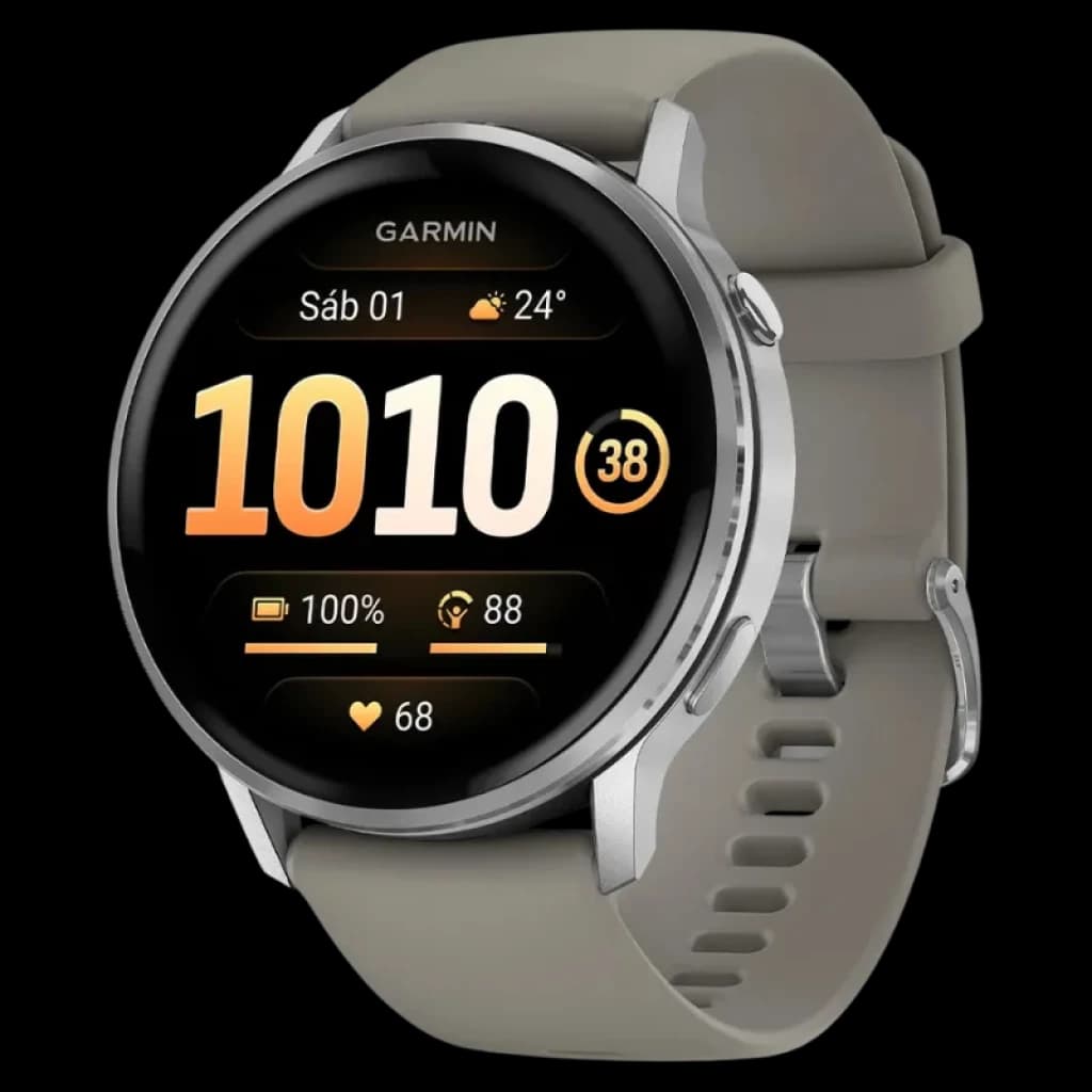 Garmin Venu 4 de 45 mm em prata com pulseira de silicone cinza, ecrã AMOLED circular, moldura metálica, widgets de saúde e lanterna LED integrada