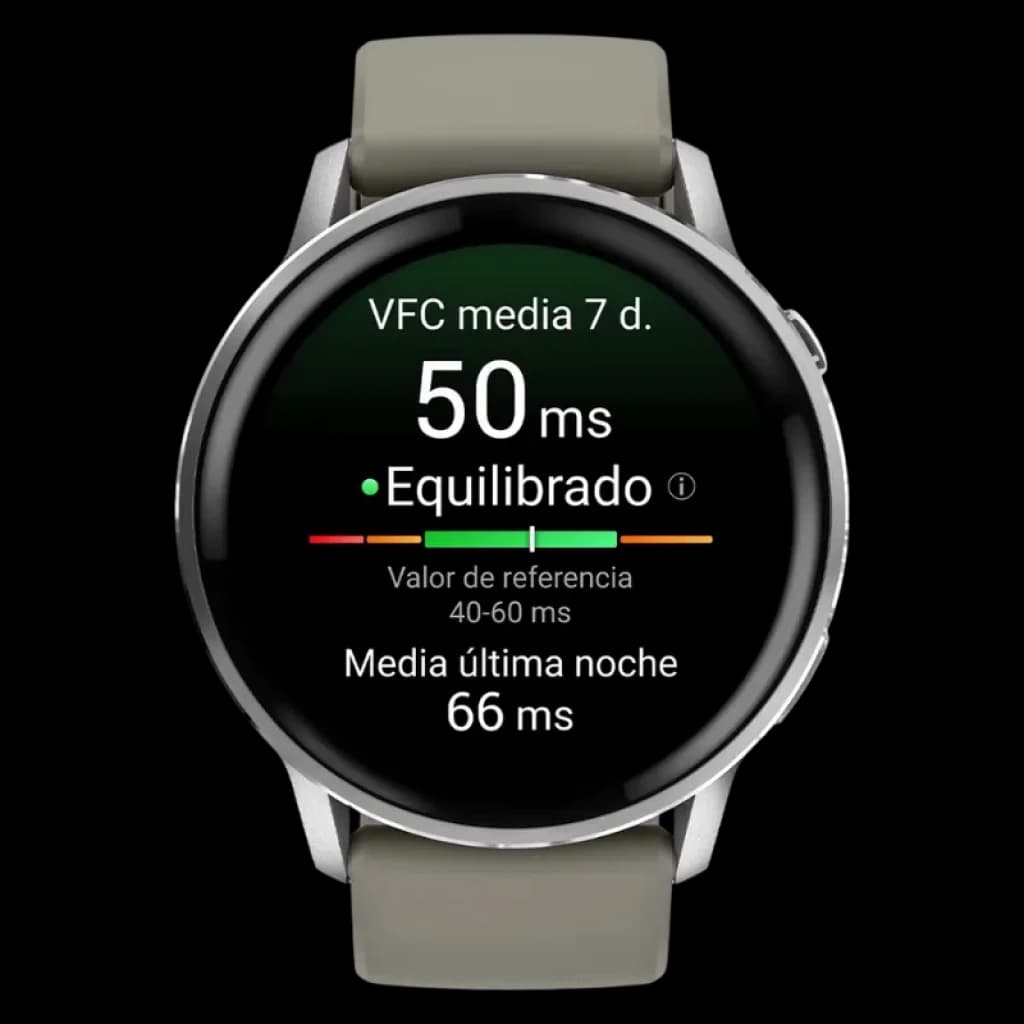 Garmin Venu 4 45 mm prateado com ecrã AMOLED circular, moldura metálica e bracelete de silicone cinzento; interface de saúde VFC e lanterna LED integrada