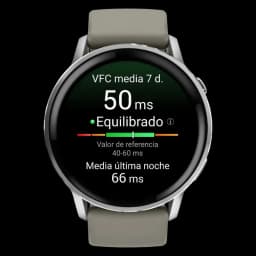 Garmin Venu 4 45 mm prateado com ecrã AMOLED circular, moldura metálica e bracelete de silicone cinzento; interface de saúde VFC e lanterna LED integrada