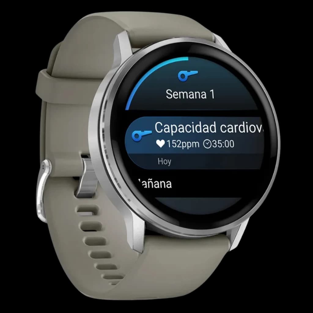 Garmin Venu 4 de 45 mm em prata com bracelete de silicone cinzento, ecrã AMOLED redondo, moldura metálica polida e botões laterais, com lanterna LED integrada