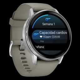 Garmin Venu 4 de 45 mm em prata com bracelete de silicone cinzento, ecrã AMOLED redondo, moldura metálica polida e botões laterais, com lanterna LED integrada