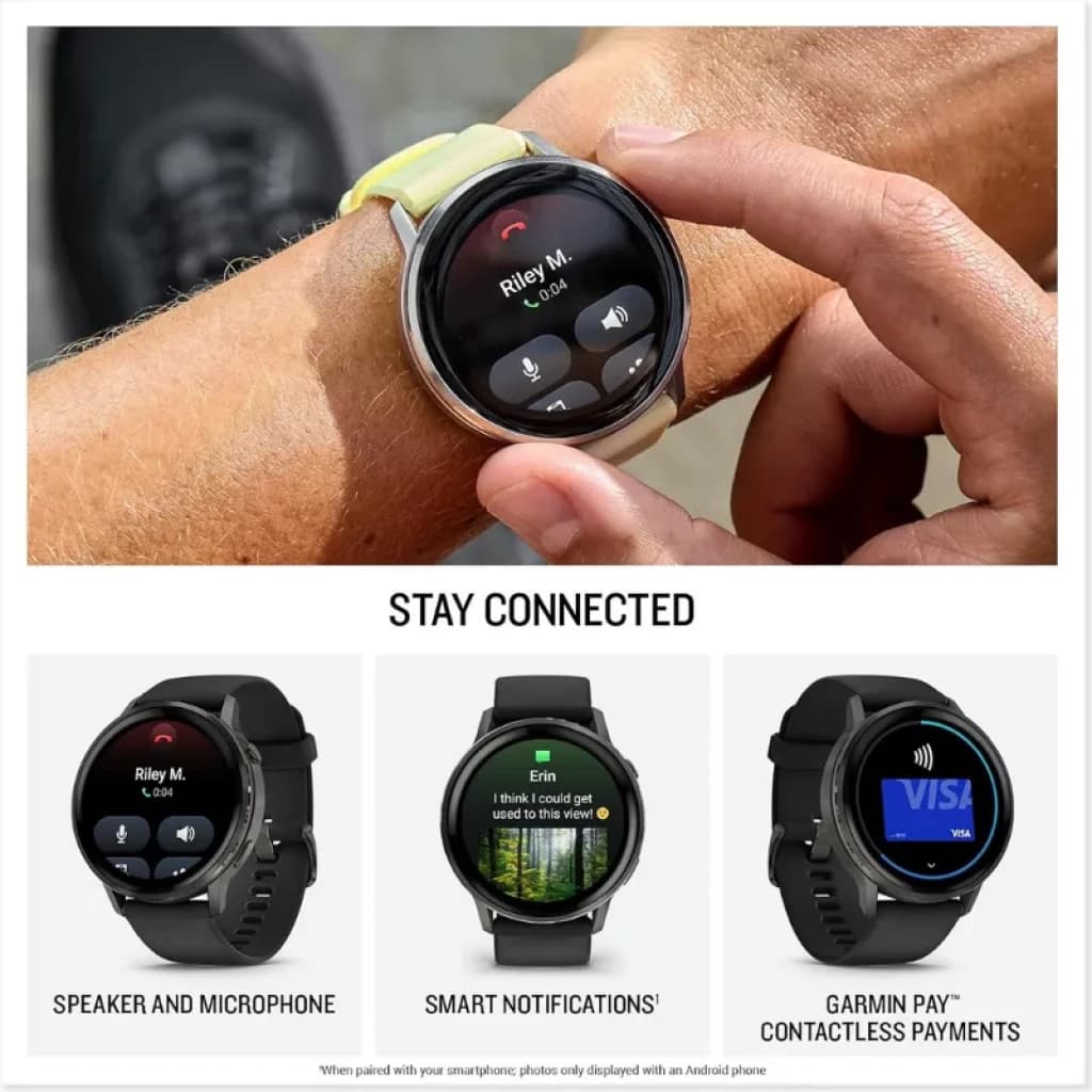 Garmin Venu 4 45 mm prateado com bracelete de silicone cinzento, ecrã circular, microfone e altifalante, notificações, pagamentos sem contacto e lanterna LED integrada