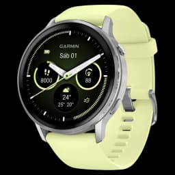 Garmin Venu 4 45 mm prateado com moldura metálica e bracelete de silicone amarela, ecrã circular AMOLED com widgets de passos, clima e saúde, GPS multibanda