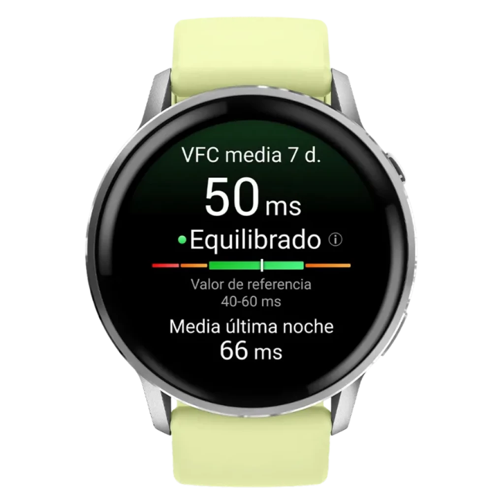 Garmin Venu 4 45 mm plata con bisel metálico y correa de silicona amarilla, pantalla circular AMOLED con widgets de pasos, clima y salud, GPS multibanda - Ítem1