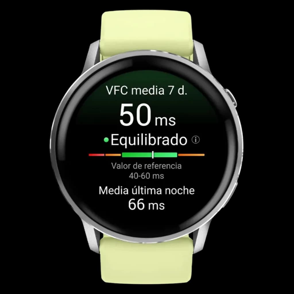 Relógio inteligente Garmin Venu 4 de 45 mm em prata com bracelete de silicone amarela, ecrã circular AMOLED preto com métricas VFC e bordas metálicas