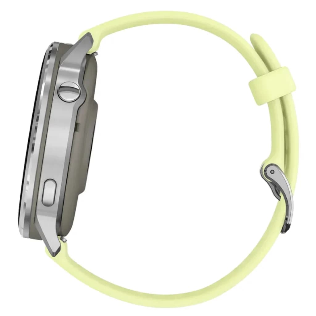 Relógio Garmin Venu 4 45 mm prateado com caixa metálica fina e coroa lateral, bracelete de silicone amarela com fivela, design moderno e desportivo